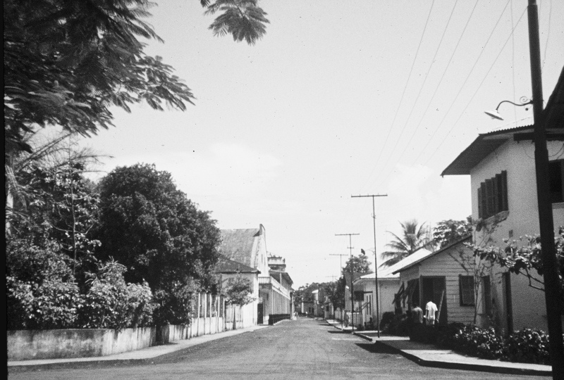 Black and white photo of eerily empty, silent street in the capital of Equatorial Guinea, 1970.
